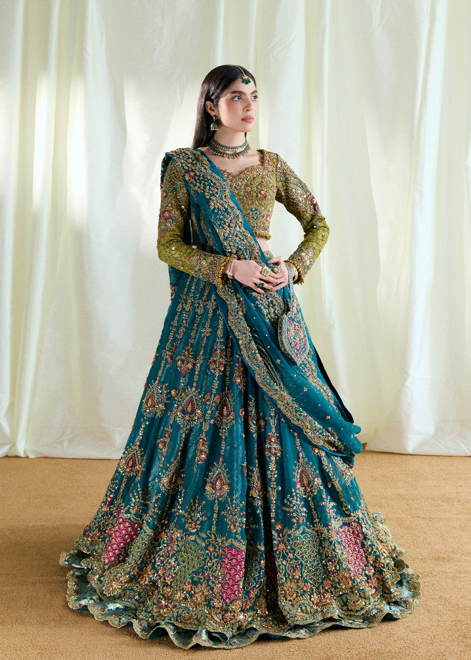 Pakistani Apple Green & Teal Embellished Chantilly Net Bridal Lehenga (3-Piece) - Image 1