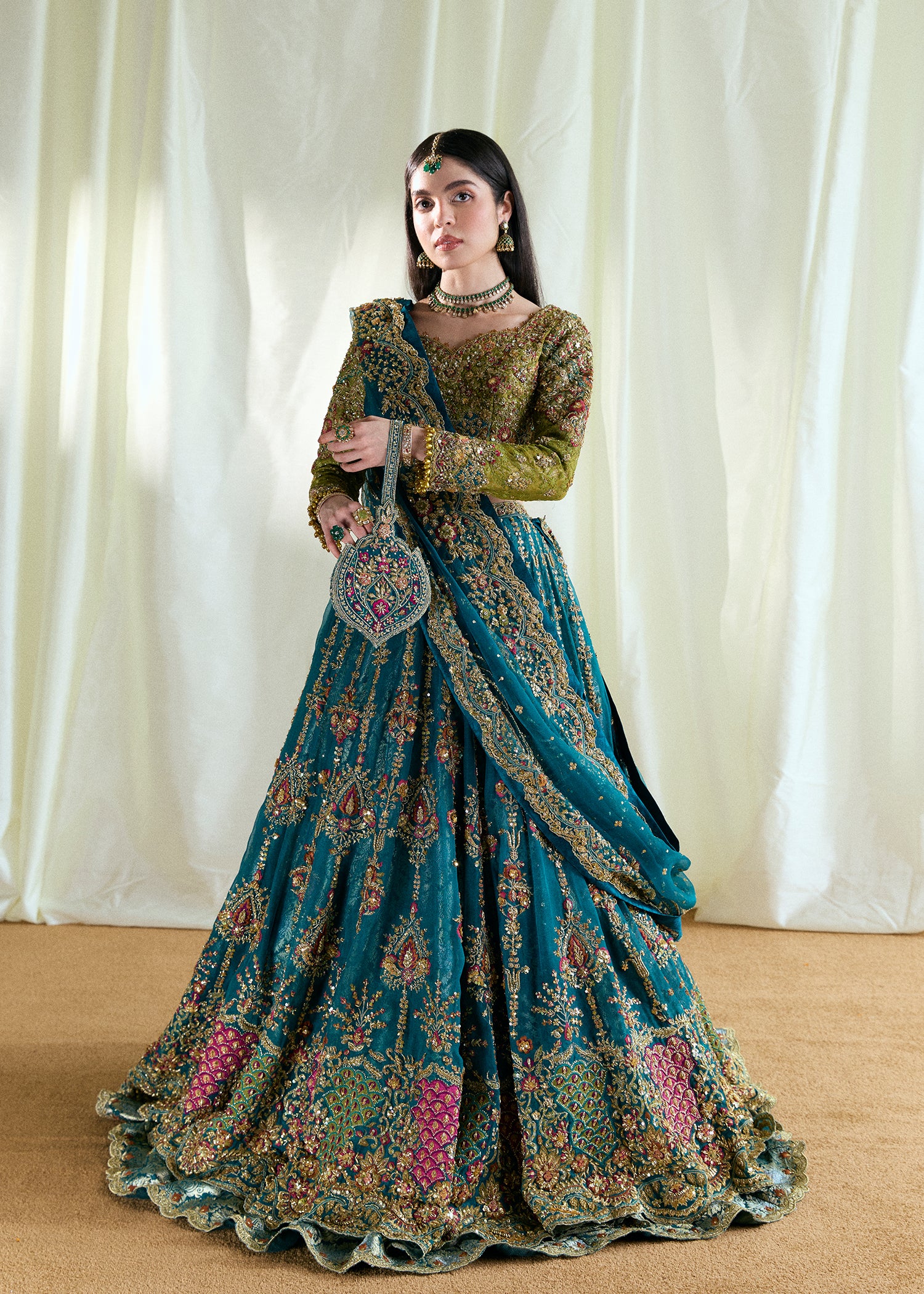 Pakistani Apple Green & Teal Embellished Chantilly Net Bridal Lehenga (3-Piece) - Image 4
