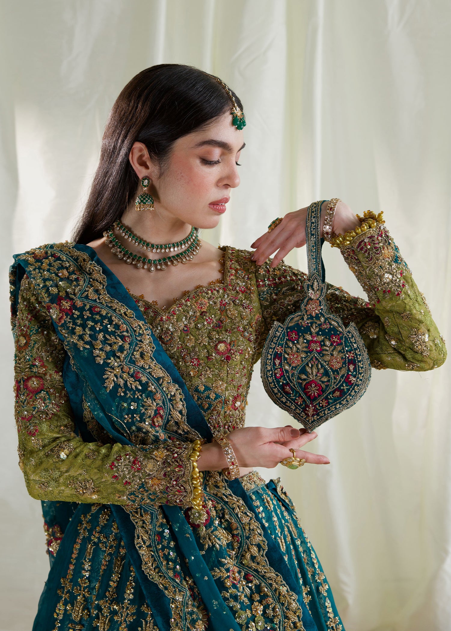 Pakistani Apple Green & Teal Embellished Chantilly Net Bridal Lehenga (3-Piece) - Image 5