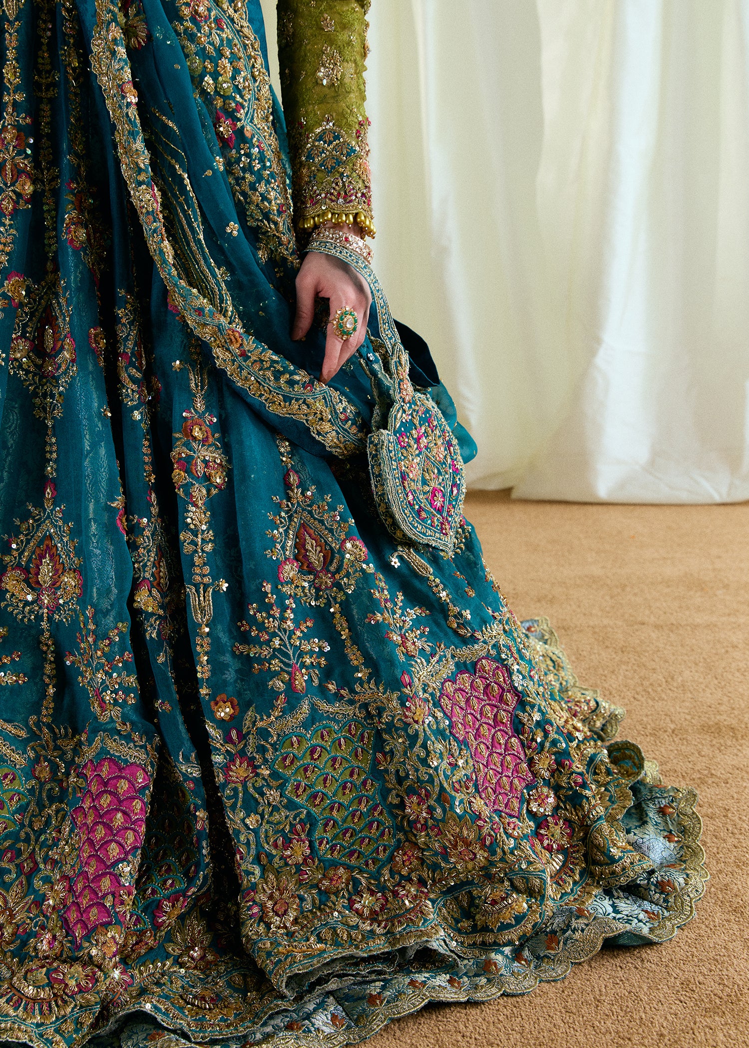 Pakistani Apple Green & Teal Embellished Chantilly Net Bridal Lehenga (3-Piece) - Image 6