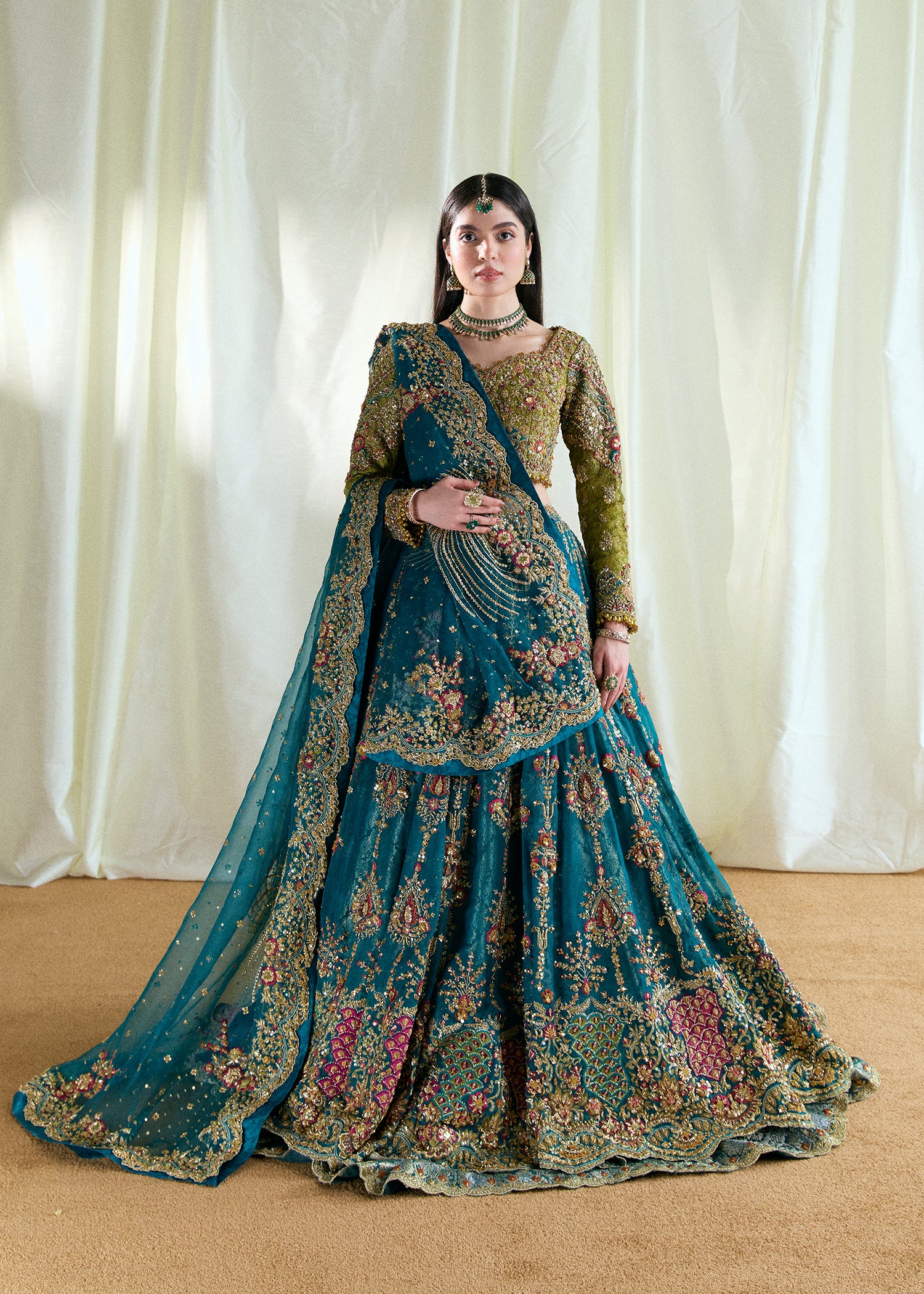 Pakistani Apple Green & Teal Embellished Chantilly Net Bridal Lehenga (3-Piece) - Image 7