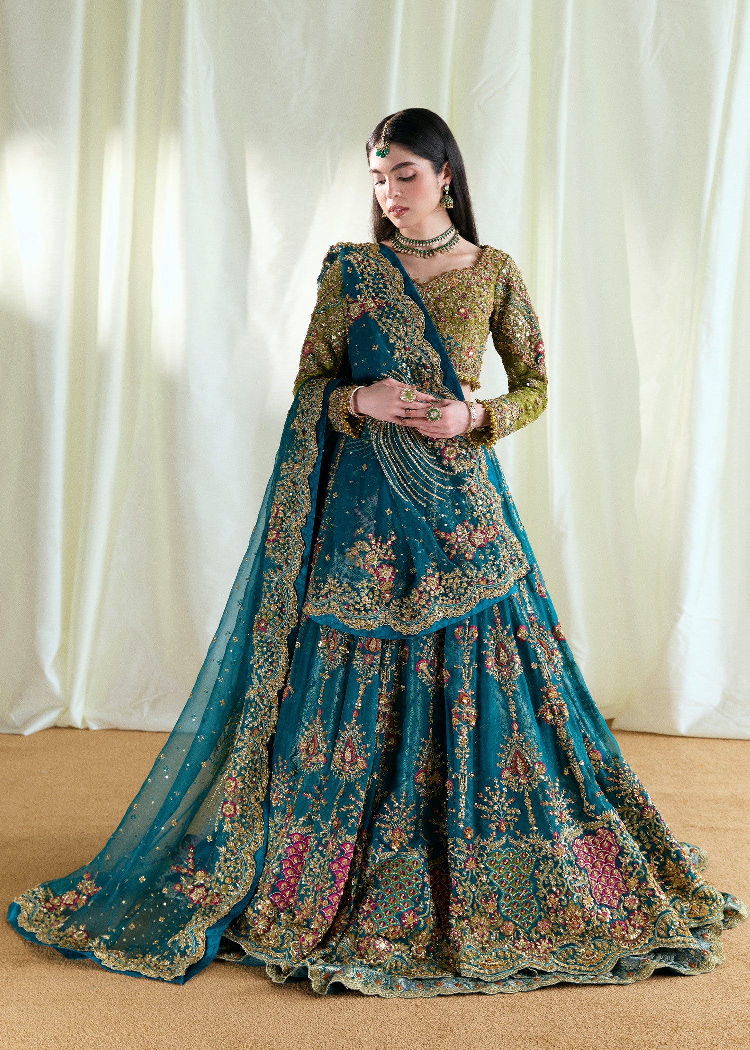 Pakistani Apple Green & Teal Embellished Chantilly Net Bridal Lehenga (3-Piece) - Image 8