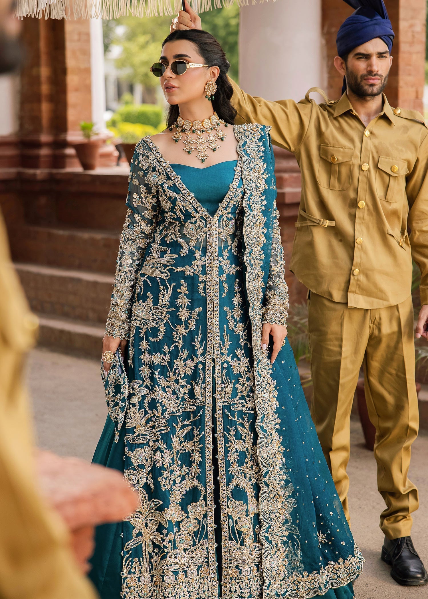 Teal Embellished Kathan Organza Gown with Lehenga (4-Piece) - Image 2