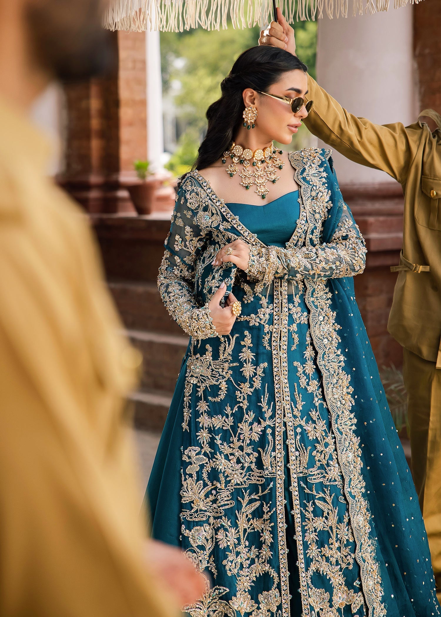 Teal Embellished Kathan Organza Gown with Lehenga (4-Piece) - Image 3