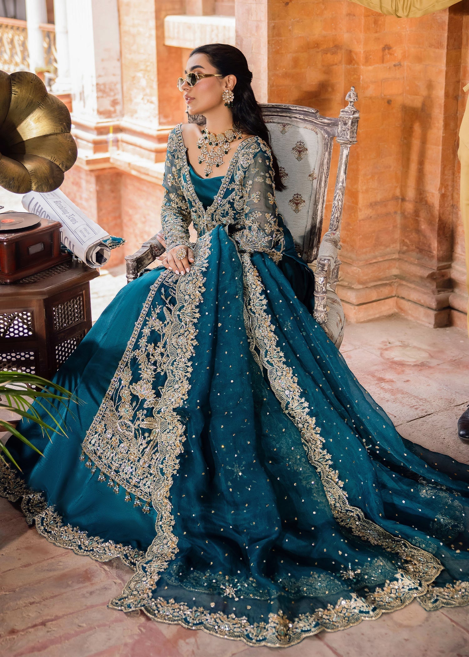 Teal Embellished Kathan Organza Gown with Lehenga (4-Piece) - Image 7