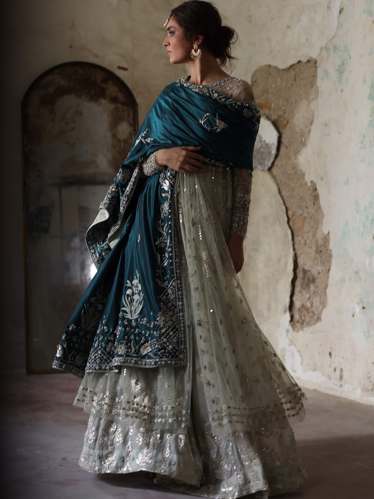 Teal Zardozi Katan Silk & Aqua Woven Lehenga (3-Piece) - Image 1