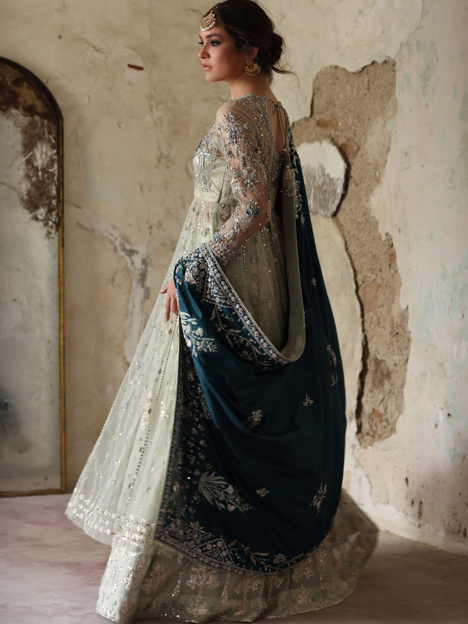 Teal Zardozi Katan Silk & Aqua Woven Lehenga (3-Piece) - Image 3