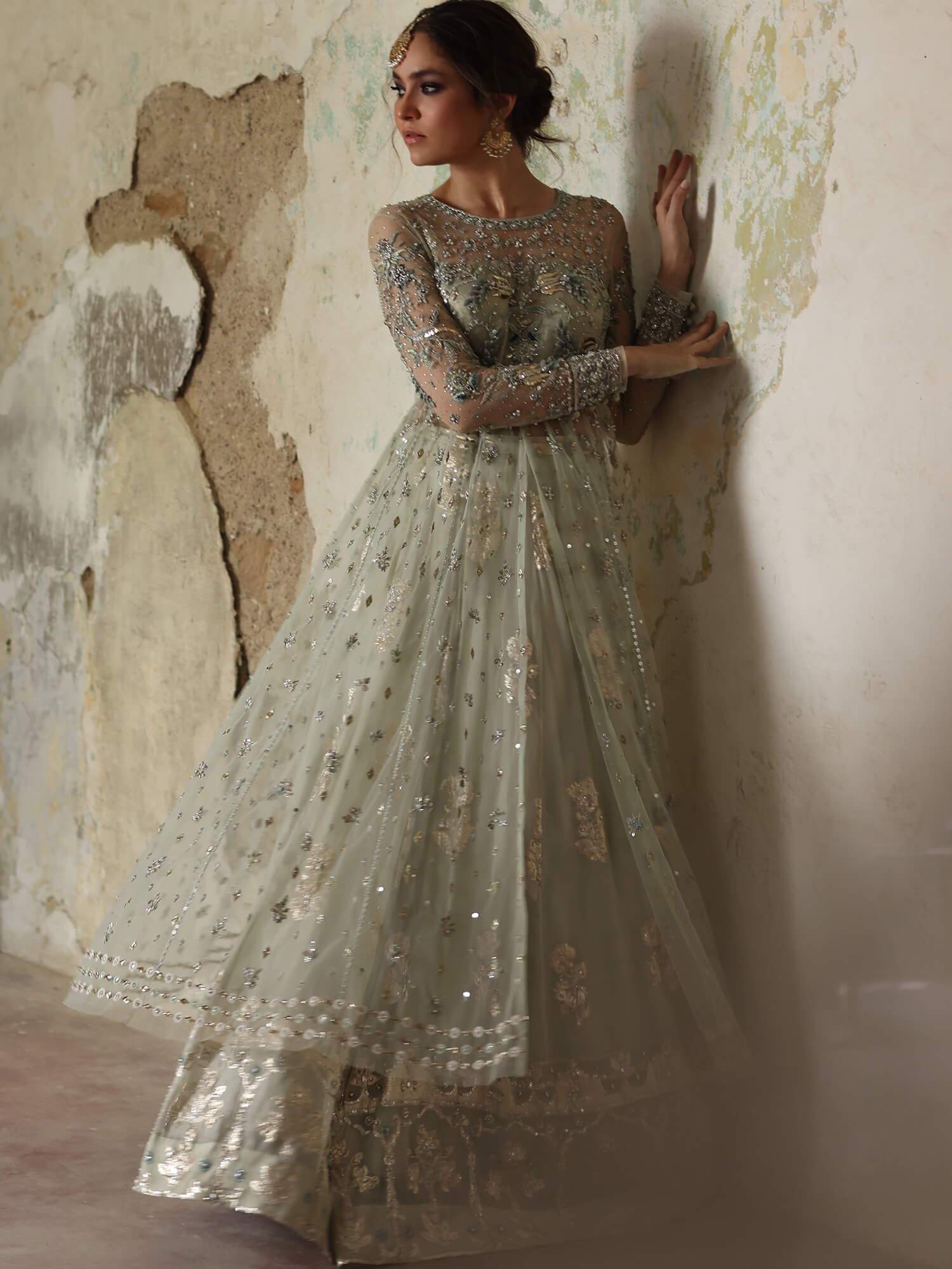 Teal Zardozi Katan Silk & Aqua Woven Lehenga (3-Piece) - Image 4
