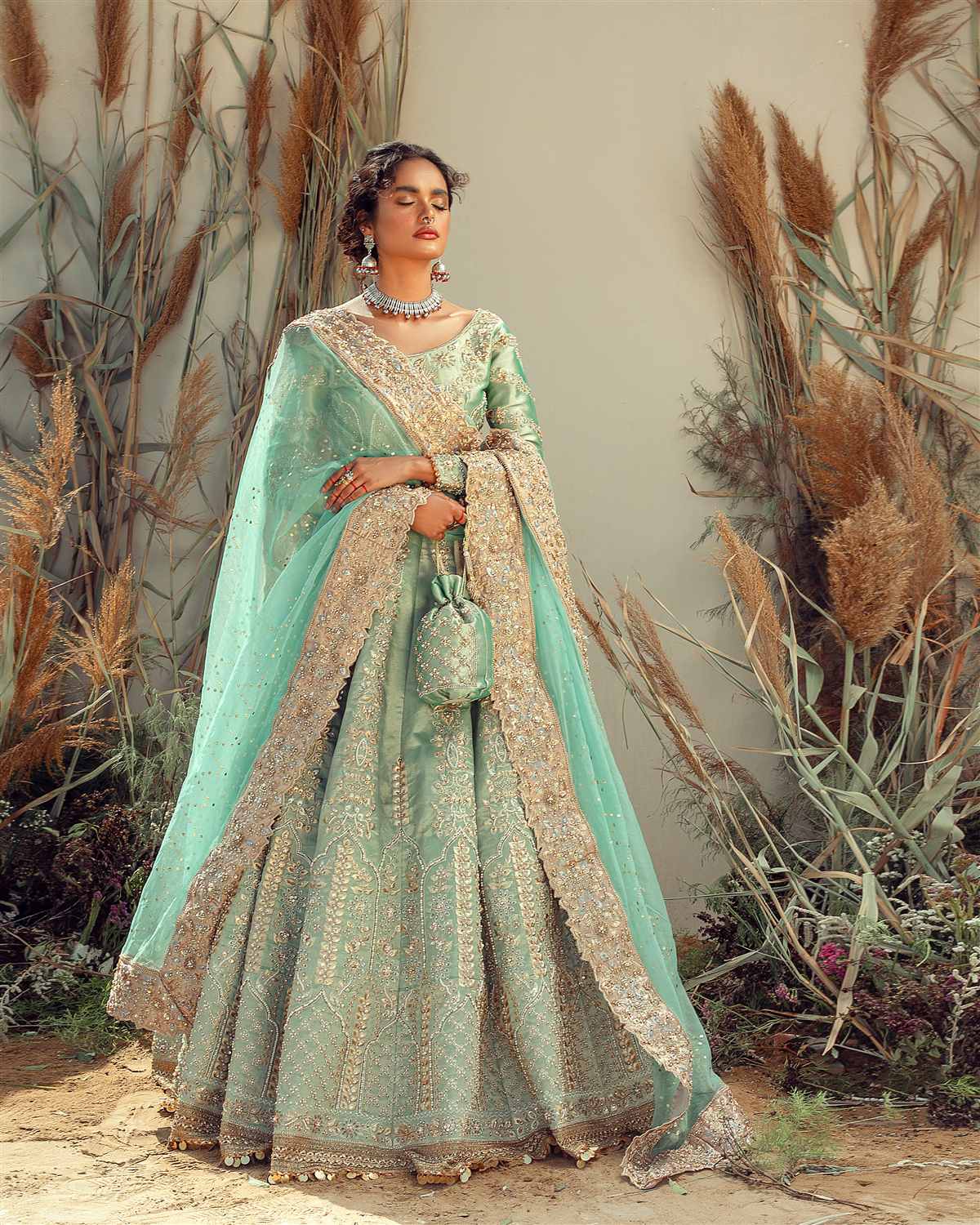 Ferozi Embroidered Lama Tissue Lehenga Set (3-Piece) - Image 1