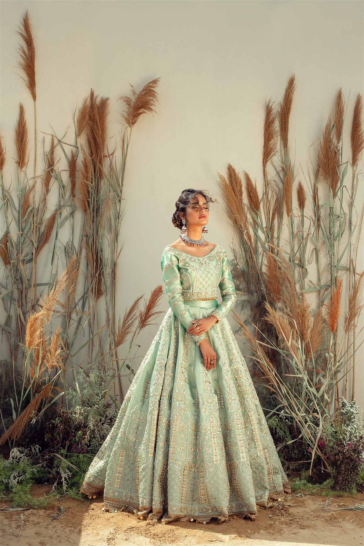 Ferozi Embroidered Lama Tissue Lehenga Set (3-Piece) - Image 3