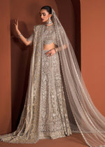 Teal Grey Embroidered Net Bridal Lehenga Choli (3-Piece) - Image 12
