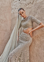 Teal Grey Embroidered Net Bridal Lehenga Choli (3-Piece) - Image 5