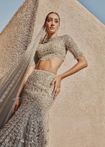 Teal Grey Embroidered Net Bridal Lehenga Choli (3-Piece) - Image 9