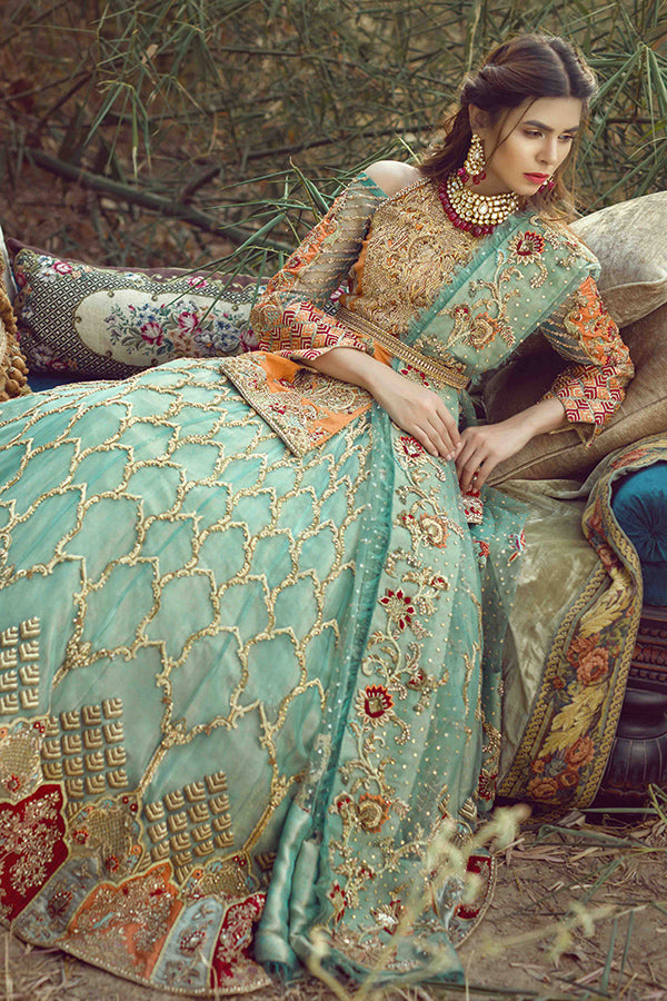Teal & Orange Embellished Net Organza Lehenga (3-Piece) - Image 1