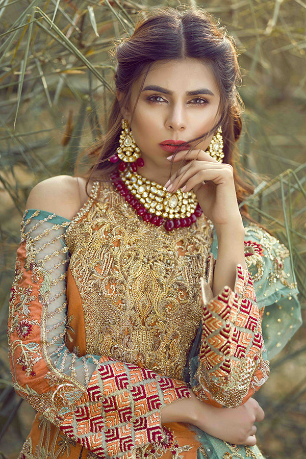 Teal & Orange Embellished Net Organza Lehenga (3-Piece) - Image 2