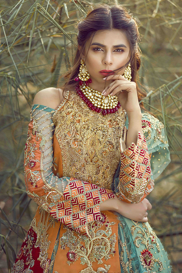 Teal & Orange Embellished Net Organza Lehenga (3-Piece) - Image 3