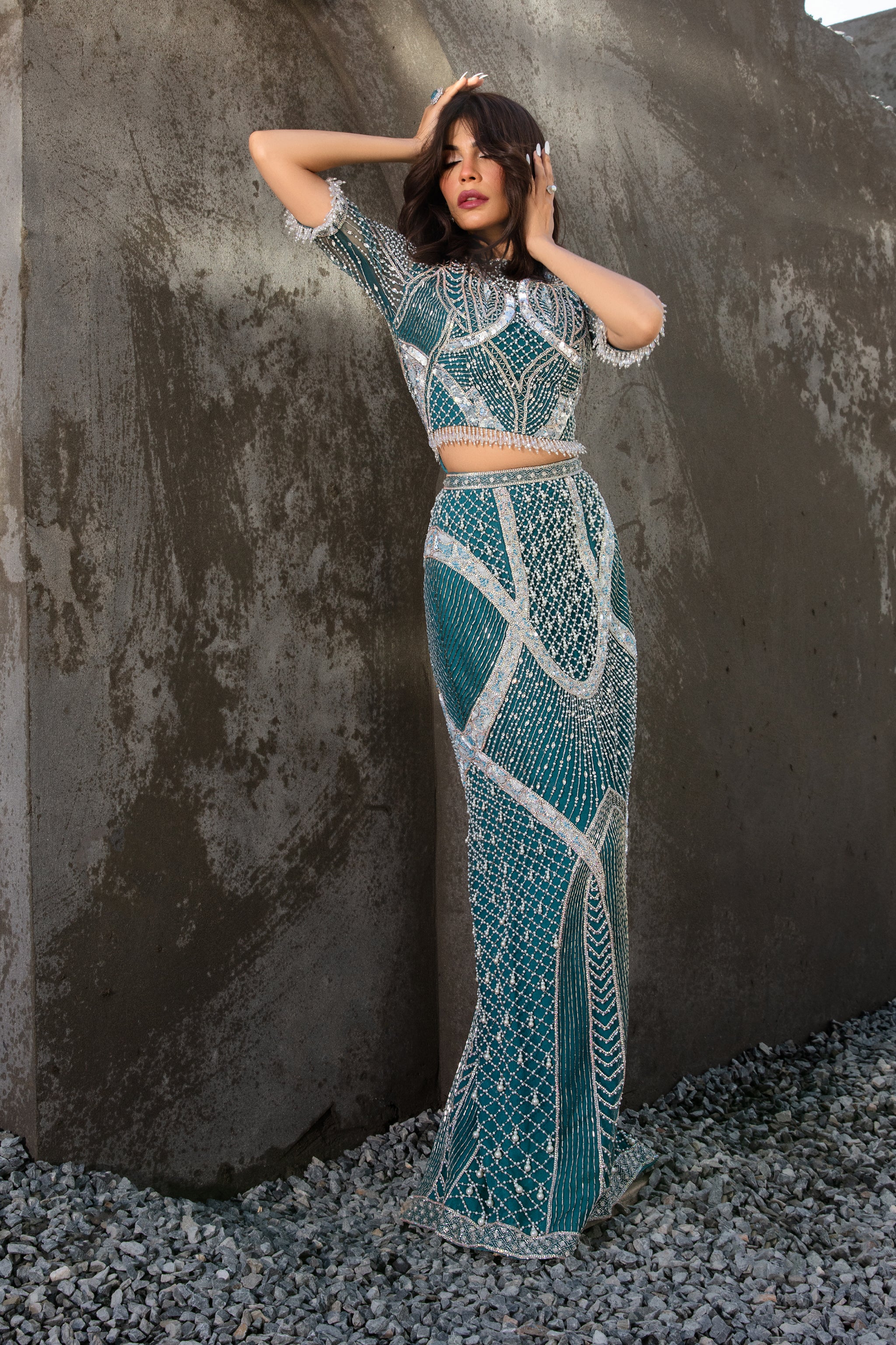 Pakistani Teal Embellished Net & Raw Silk Crop Top and Skirt (2-Piece) - Image 1