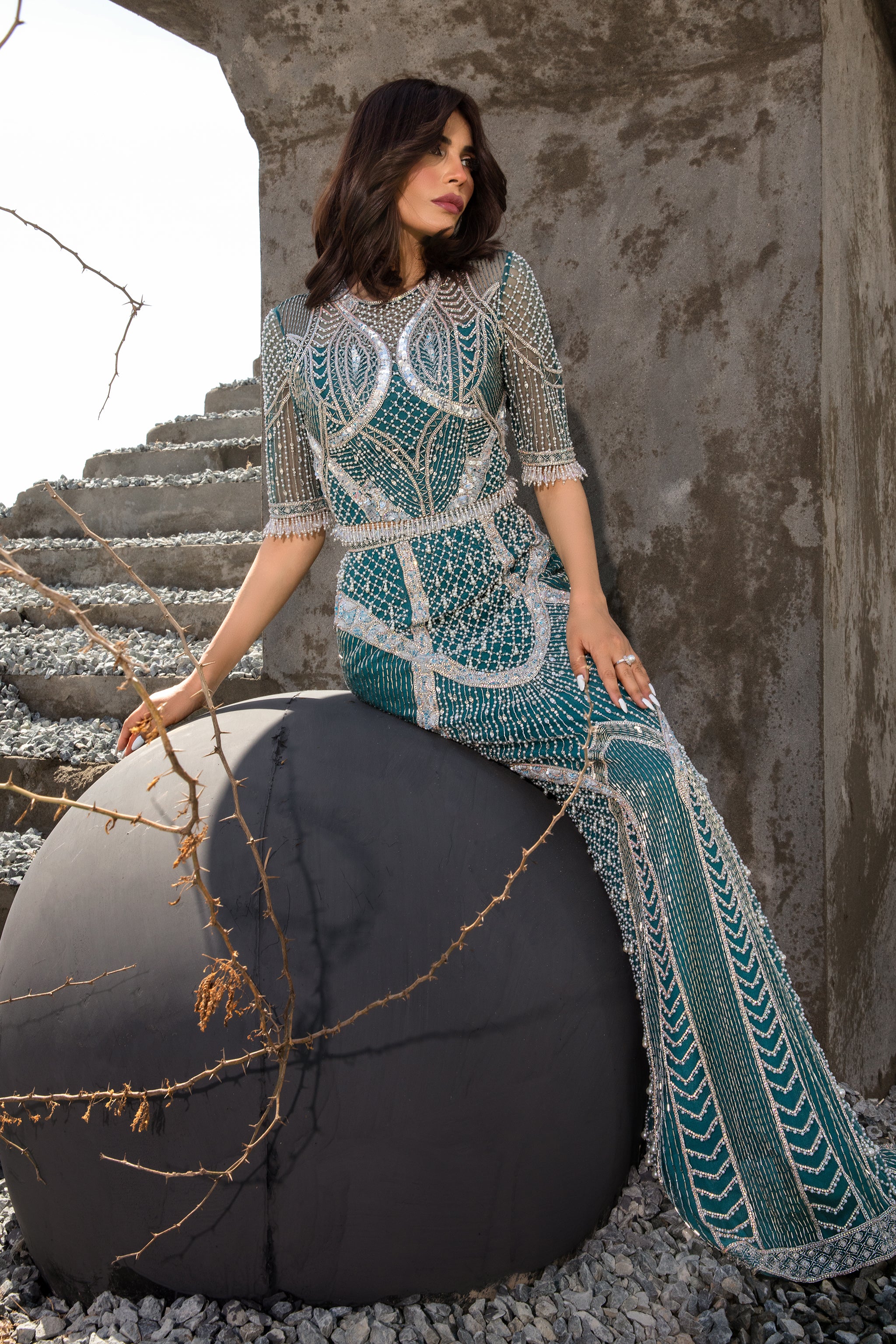 Pakistani Teal Embellished Net & Raw Silk Crop Top and Skirt (2-Piece) - Image 4