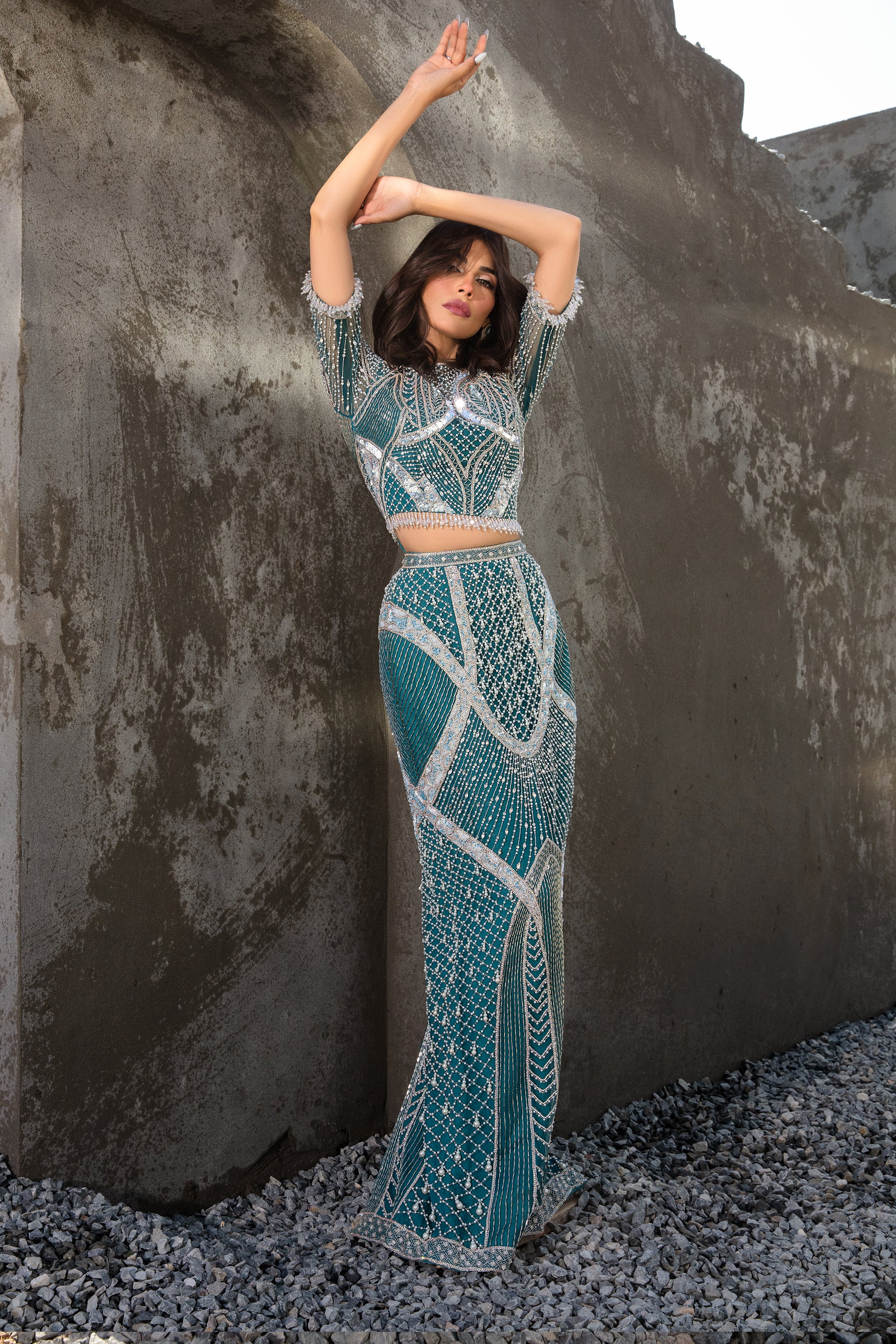 Pakistani Teal Embellished Net & Raw Silk Crop Top and Skirt (2-Piece) - Image 5
