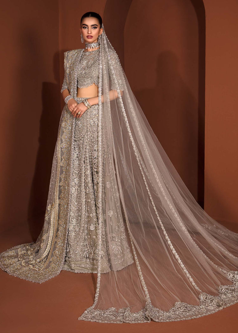 Teal Grey Embroidered Net Bridal Lehenga Choli (3-Piece) - Image 1