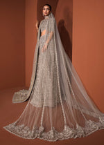 Teal Grey Embroidered Net Bridal Lehenga Choli (3-Piece) - Image 10