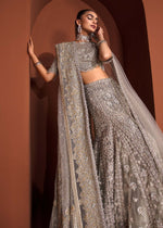 Teal Grey Embroidered Net Bridal Lehenga Choli (3-Piece) - Image 11