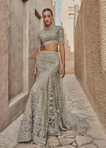 Teal Grey Embroidered Net Bridal Lehenga Choli (3-Piece) - Image 3