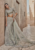 Teal Grey Embroidered Net Bridal Lehenga Choli (3-Piece) - Image 4