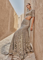 Teal Grey Embroidered Net Bridal Lehenga Choli (3-Piece) - Image 6