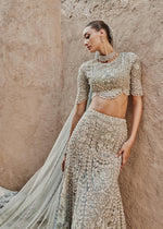 Teal Grey Embroidered Net Bridal Lehenga Choli (3-Piece) - Image 8