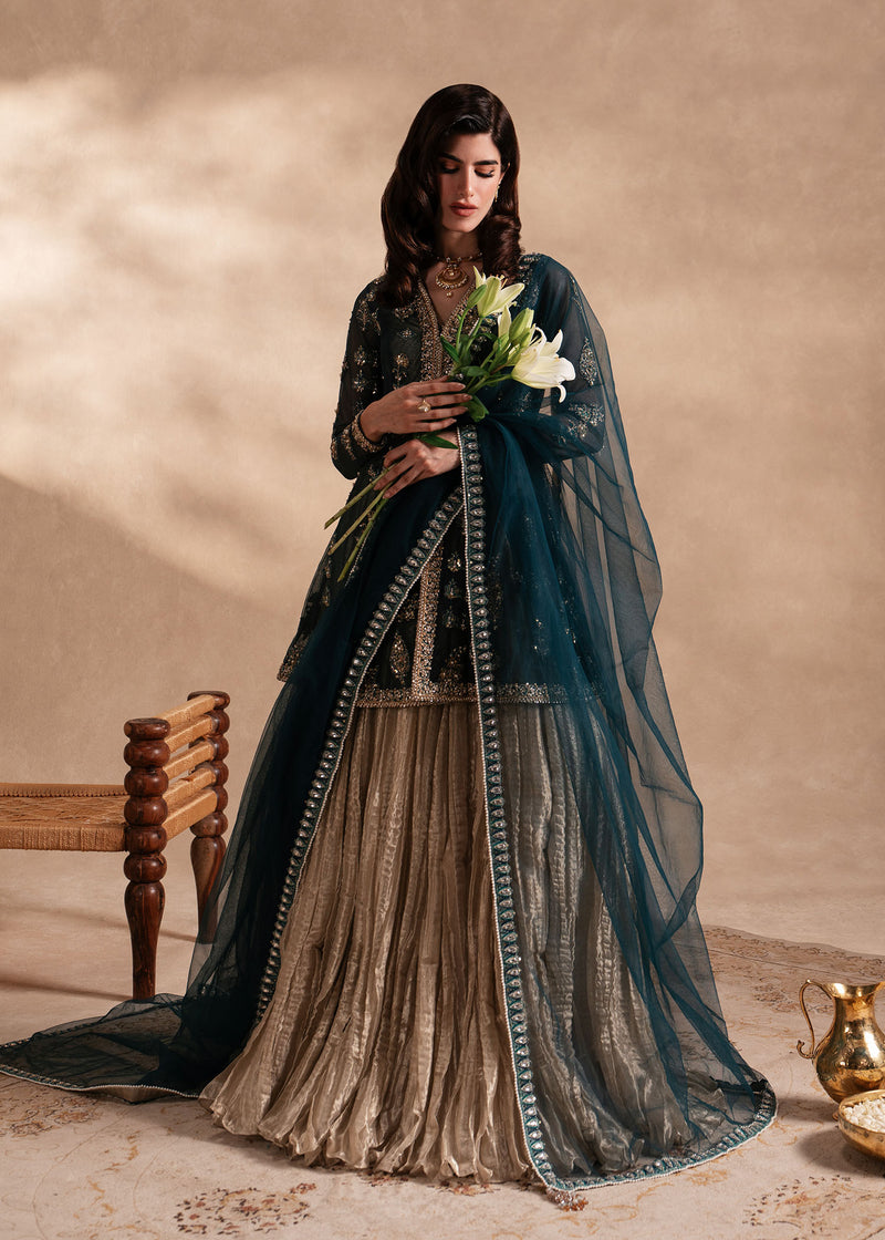 Teal Handcrafted Net Jacket with Gold Tissue Lehenga (3-Piece) - Image 1
