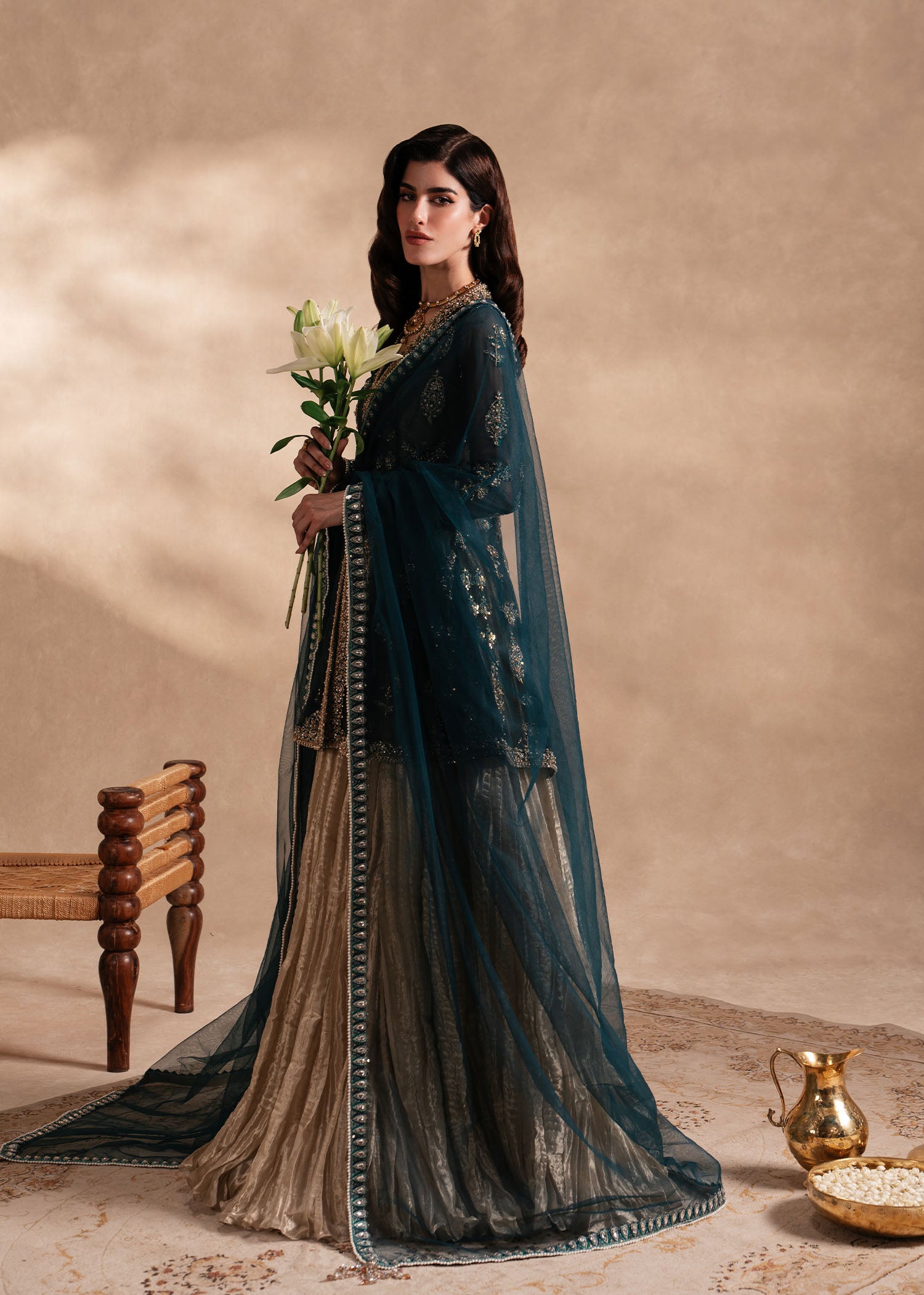 Teal Handcrafted Net Jacket with Gold Tissue Lehenga (3-Piece) - Image 3