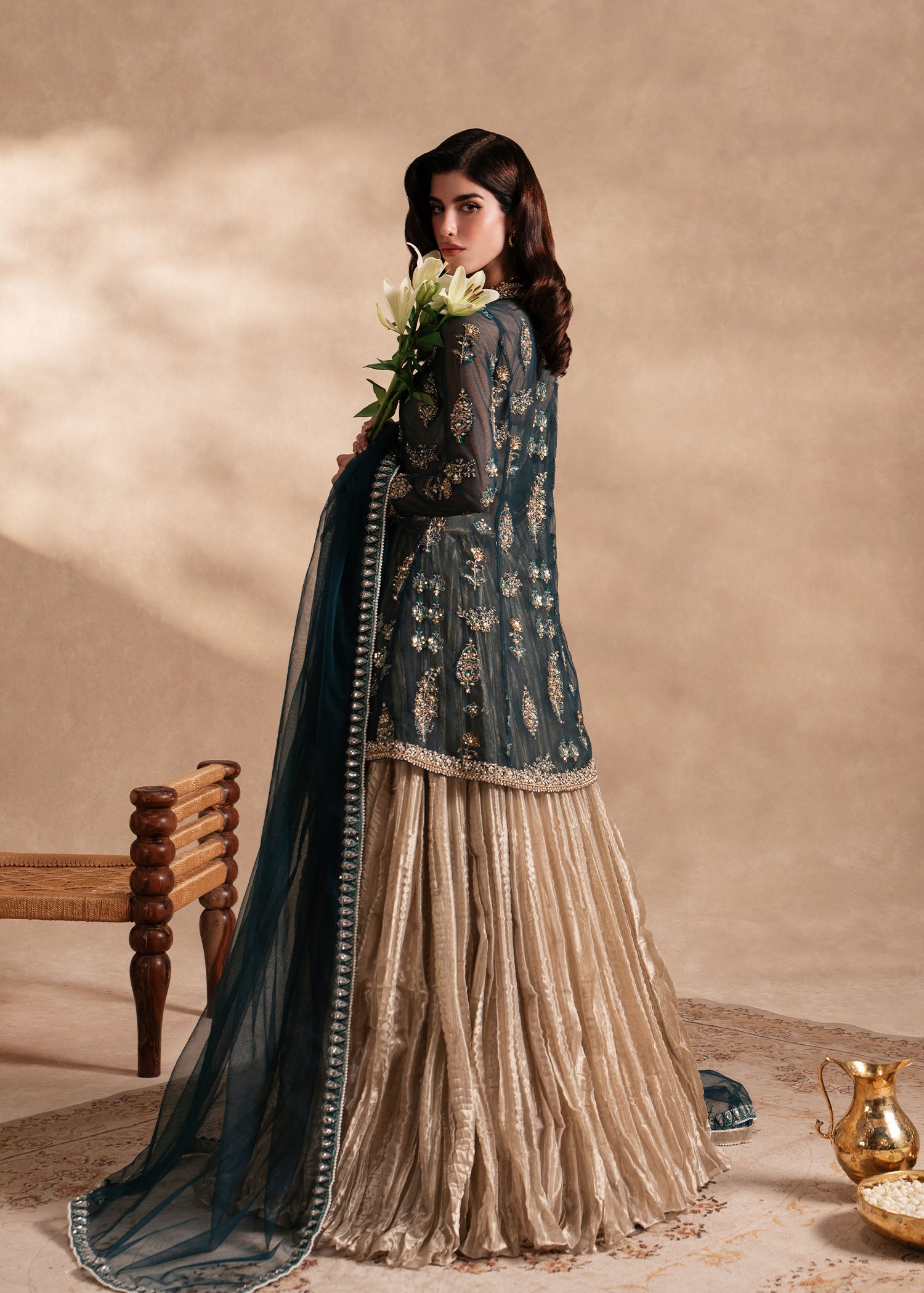 Teal Handcrafted Net Jacket with Gold Tissue Lehenga (3-Piece) - Image 5