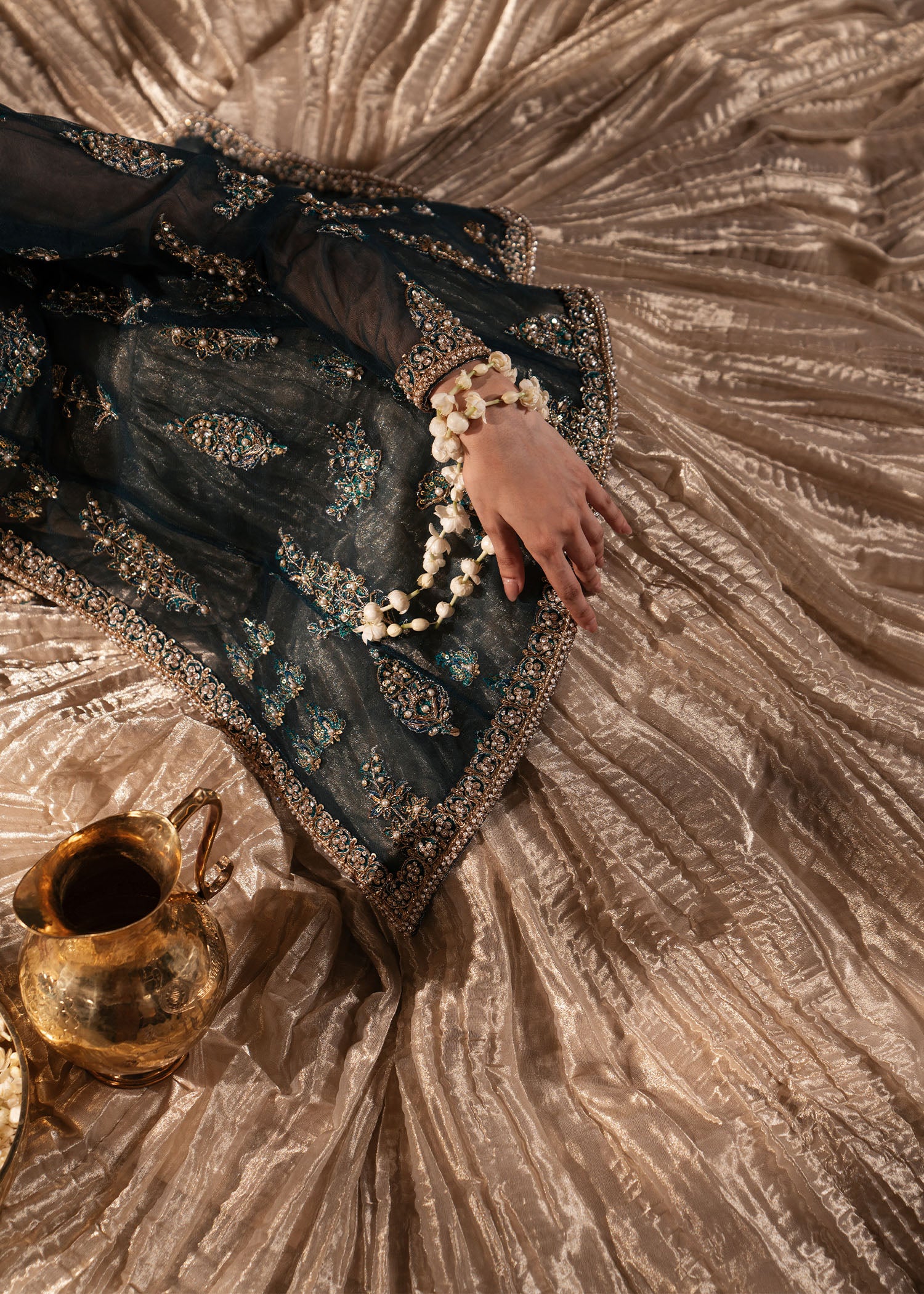 Teal Handcrafted Net Jacket with Gold Tissue Lehenga (3-Piece) - Image 7