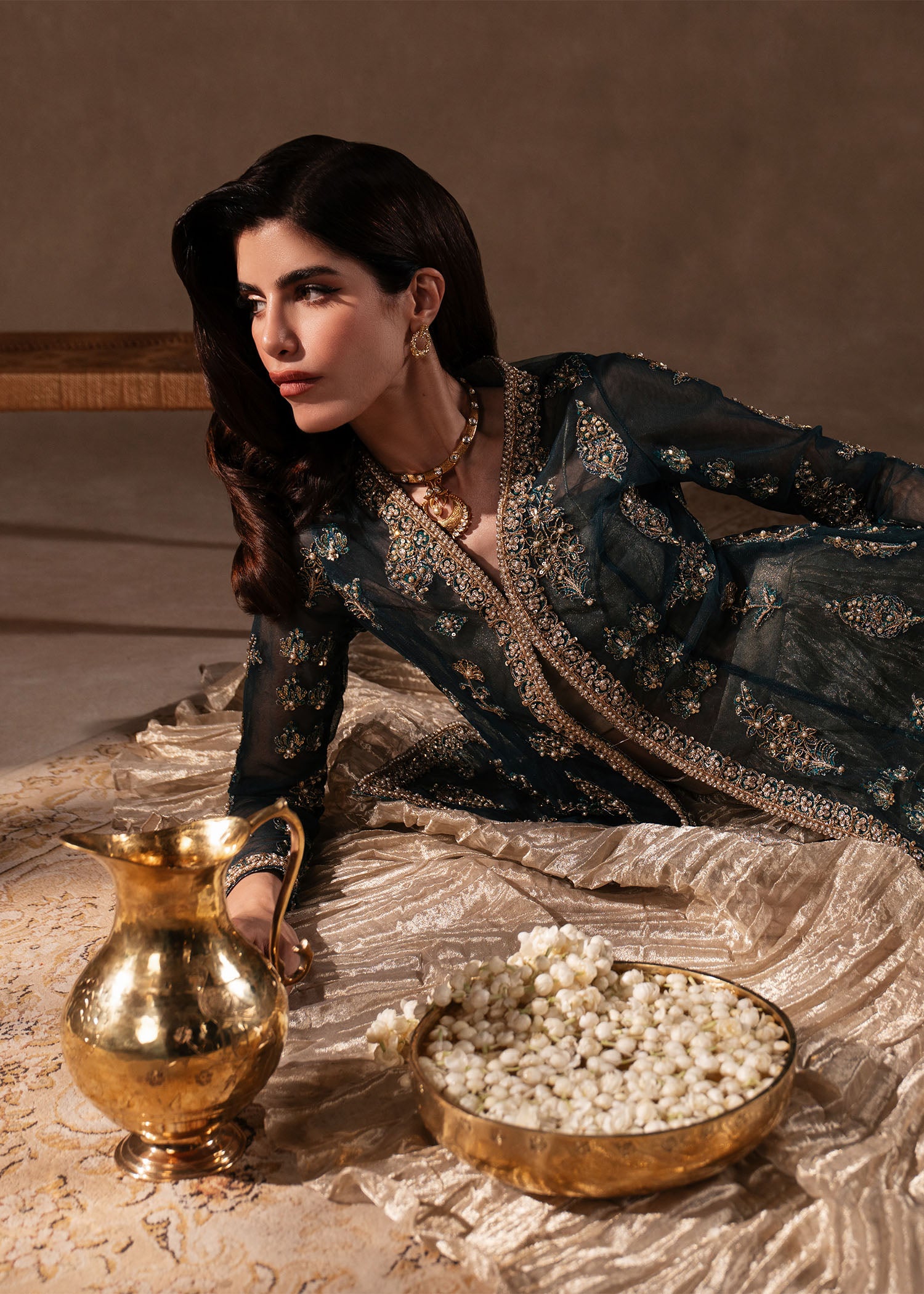 Teal Handcrafted Net Jacket with Gold Tissue Lehenga (3-Piece) - Image 8