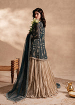 Teal Gold Embellished Net Tissue Lehenga (3-Piece) - Image 4