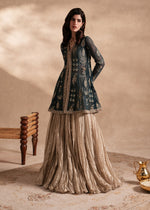 Teal Gold Embellished Net Tissue Lehenga (3-Piece) - Image 9