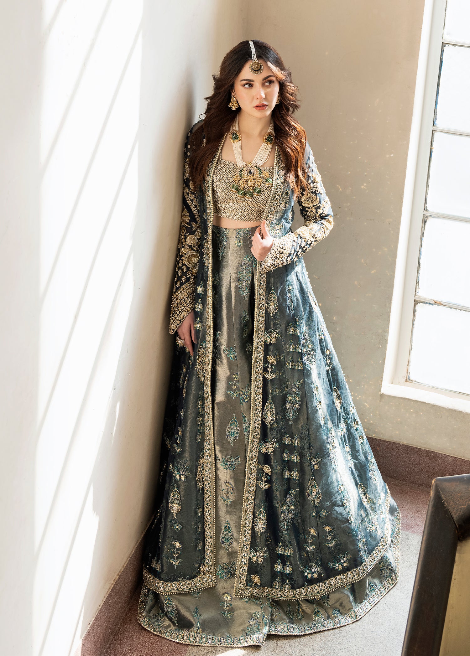 Pakistani Teal Embellished Net & Tissue Lehenga (3-Piece) - Image 2
