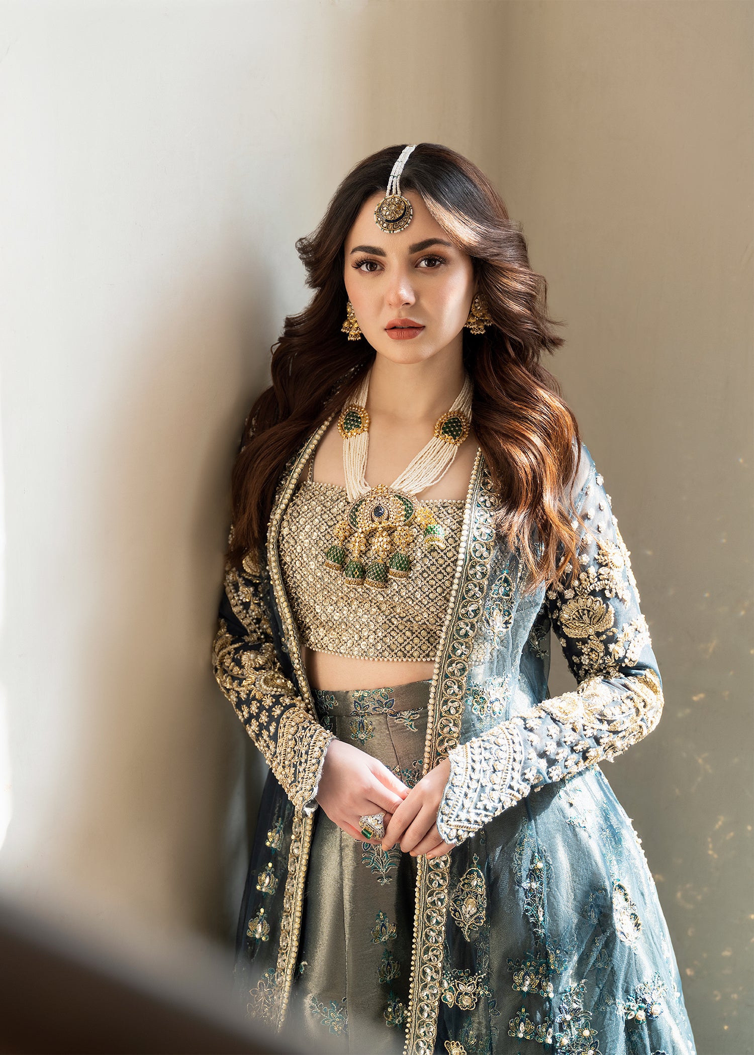 Pakistani Teal Embellished Net & Tissue Lehenga (3-Piece) - Image 3