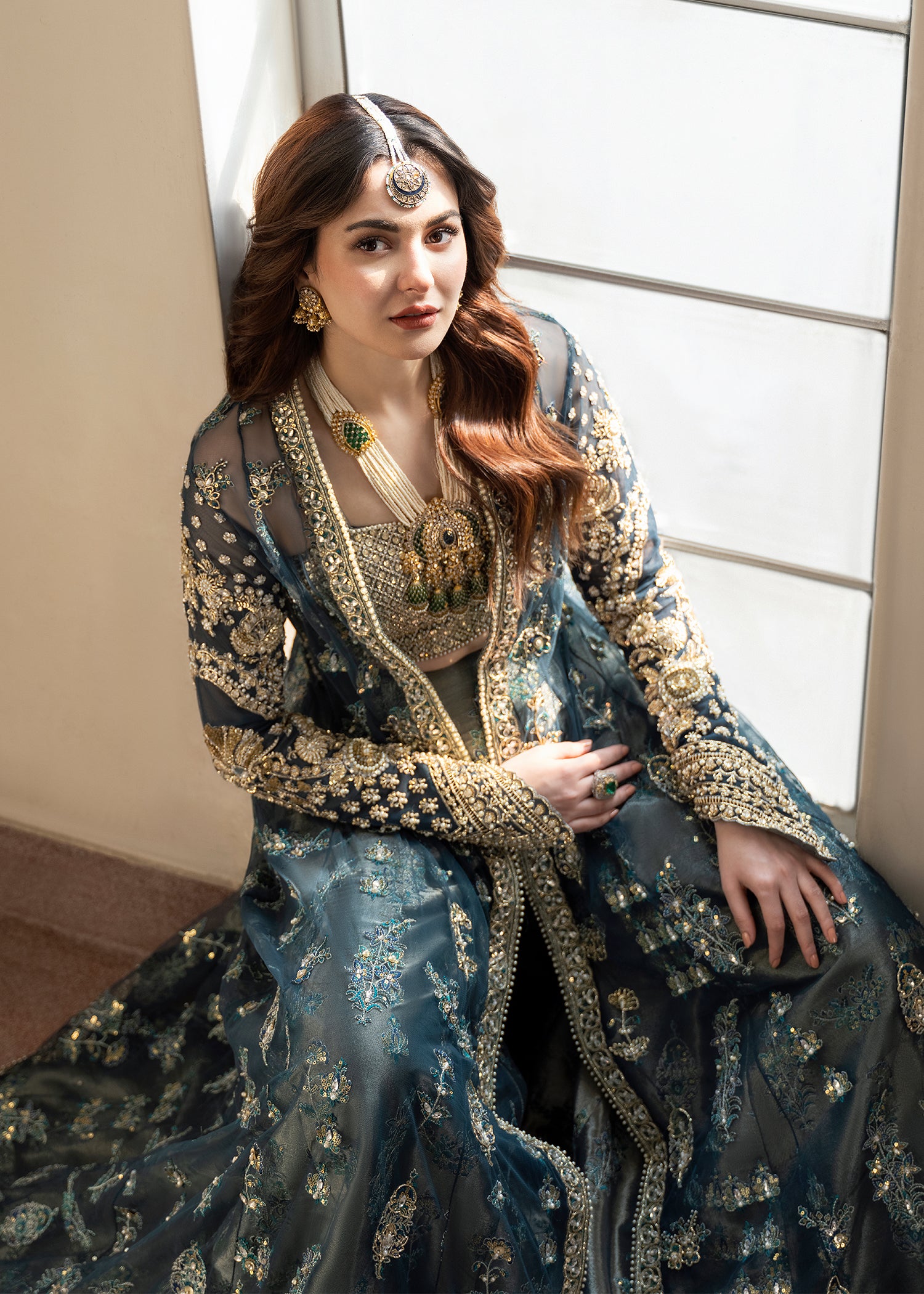 Pakistani Teal Embellished Net & Tissue Lehenga (3-Piece) - Image 6