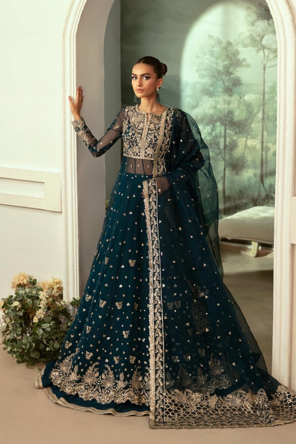 Deep Teal Embroidered Organza Lehenga (3-Piece) - Image 1