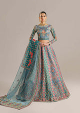 Pakistani Teal Embroidered Organza Lehenga Choli (3-Piece) - Image 2