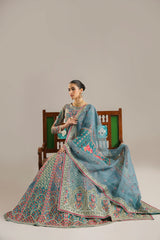 Pakistani Teal Embroidered Organza Lehenga Choli (3-Piece) - Image 5