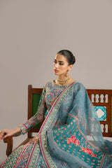 Pakistani Teal Embroidered Organza Lehenga Choli (3-Piece) - Image 6