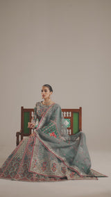 Pakistani Teal Embroidered Organza Lehenga Choli (3-Piece) - Image 7