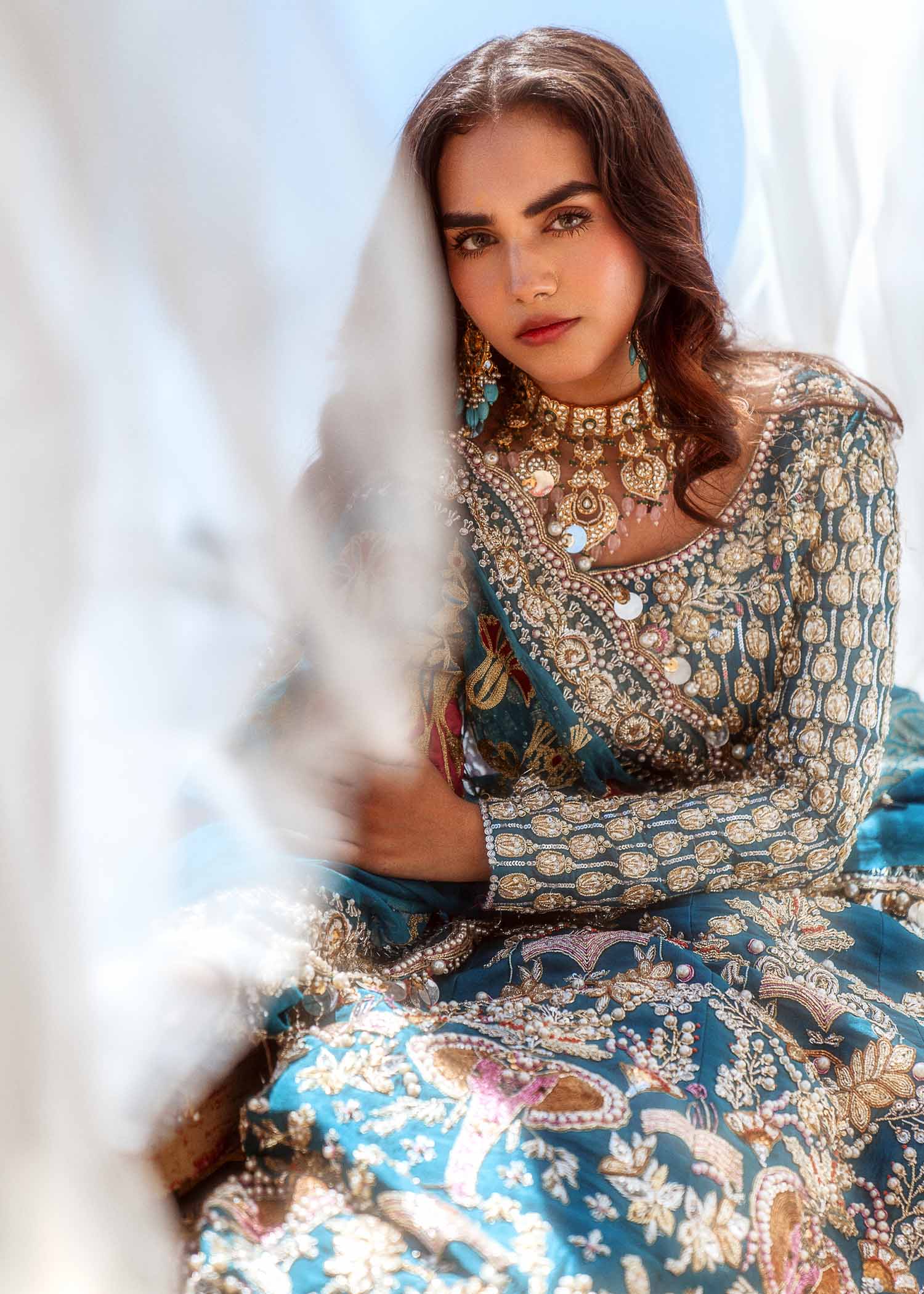 Pakistani Teal Embellished Raw Silk Lehenga Choli (3-Piece) - Image 4