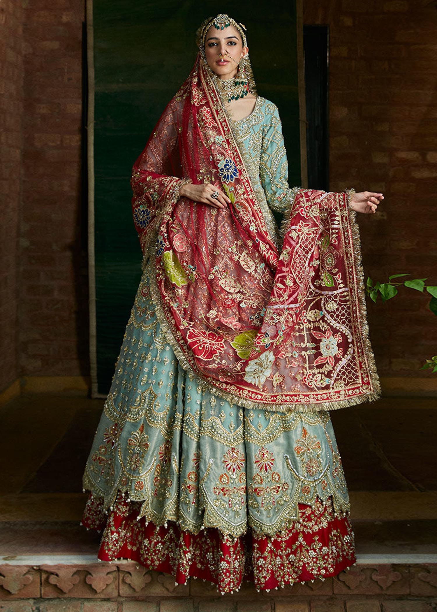 Pakistani Pastel Teal Embellished Organza Maxi with Crimson Lehenga (3-Piece) - Image 1