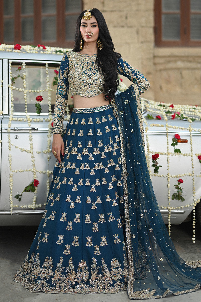 Pakistani Teal Embellished Pure Raw Silk Choli Lehenga (3-Piece) - Image 1