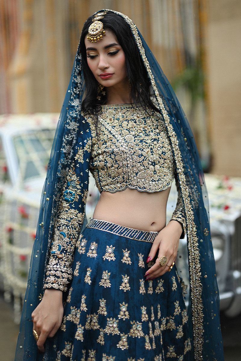 Pakistani Teal Embellished Pure Raw Silk Choli Lehenga (3-Piece) - Image 2