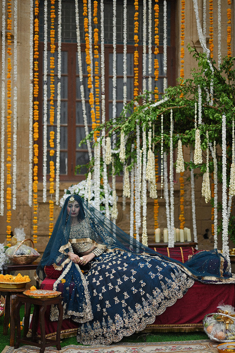 Pakistani Teal Embellished Pure Raw Silk Choli Lehenga (3-Piece) - Image 5